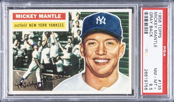 1956 Topps #135 Mickey Mantle, Gray Back – PSA NM-MT+ 8.5